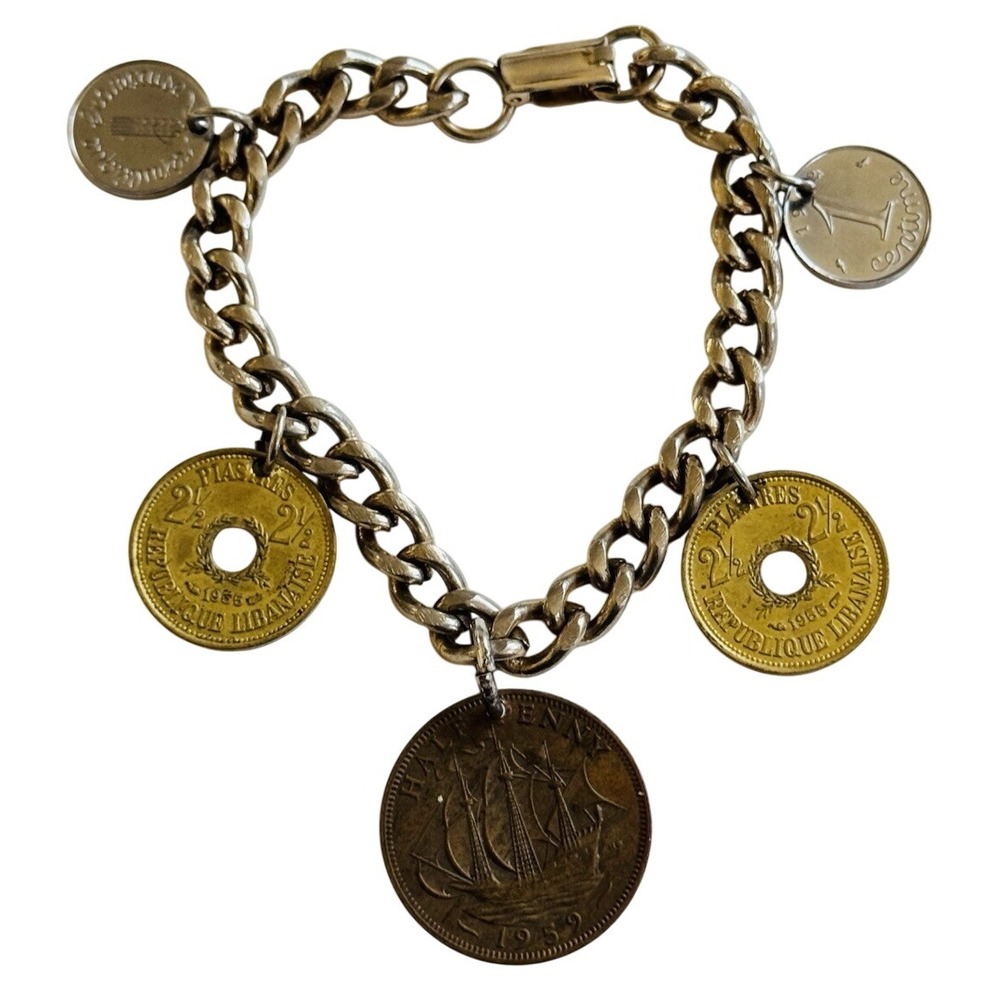 Coin Souvenir Charm Bracelet VTG Retro Chain Coins Dangle Silver Brass‎ 6.75"
